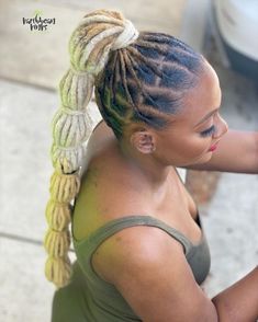 • @nature_u_mains • Loc Styles For The Gym, Bubble Ponytail Locs, Loc Bubble Ponytail, Long Loc Ponytail Styles Dreadlocks, Female Dreadlocks Styles Long, Long Blonde Locs, Blond Locs, Loc Styles Medium Updo Women