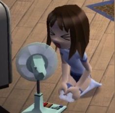 an animated woman sitting on the floor next to a fan and computer monitor with her mouth open