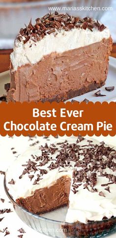 the best ever chocolate cream pie is in this collage and it's ready to be eaten