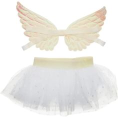 a white tutu skirt with angel wings on the top and bottom, in front of a white background