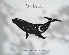 a black whale with stars and moon on it's tail is shown against a white background