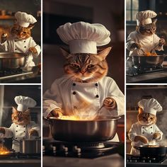 a cat in a chef's hat cooking on a stove