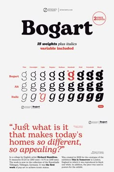 an advertisement for bogart with different font and numbers on the front, in black and white