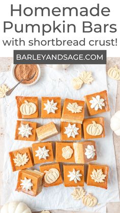 homemade pumpkin bars with shortbread crust on parchment paper