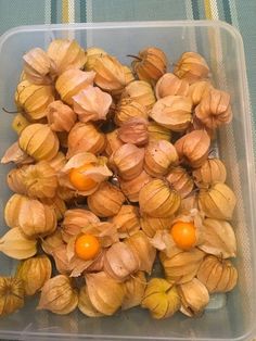 a plastic container filled with peeled fruit on top of a blue tablecloth covered table