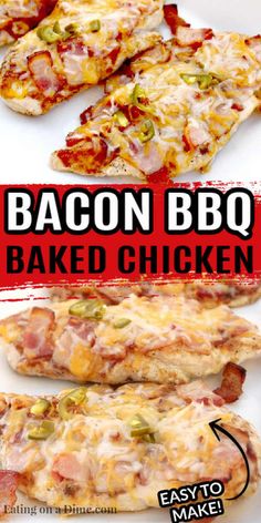 bacon baked chicken on a white plate with text overlay