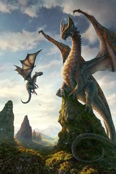 two dragon like creatures standing on top of a rock formation with mountains in the background