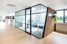 an office with glass walls and wooden flooring is pictured in this image, there are plants on the desks