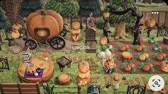 an animated halloween scene with pumpkins, cats and other things on the ground in front of trees