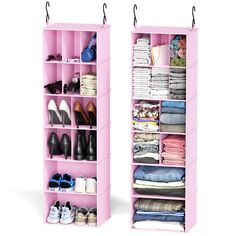 two pink shelving units filled with clothes and shoes