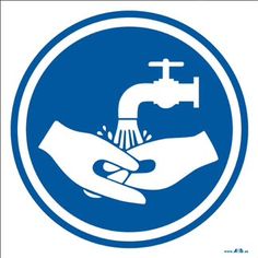 a blue and white sign with two hands holding a faucet