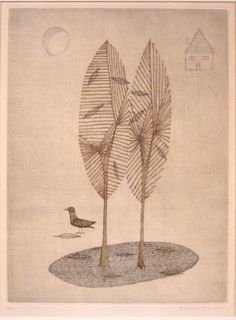 a drawing of two trees and a bird