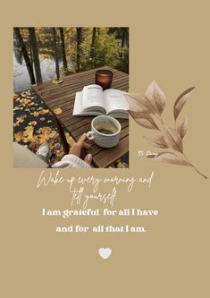 an open book sitting on top of a wooden table next to a cup of coffee