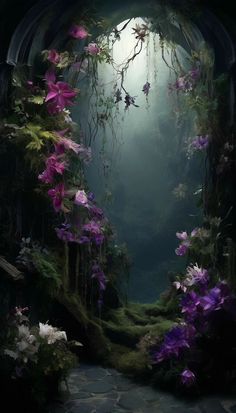 an image of a fantasy scene with flowers in the middle and light at the end