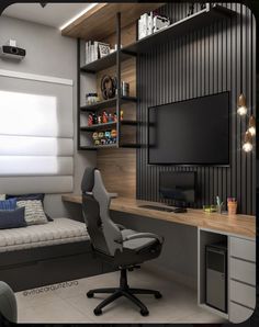 a room with a desk, chair and television on the wall in it's corner