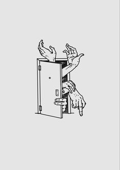 a drawing of hands reaching out of a door to grab something from the other hand