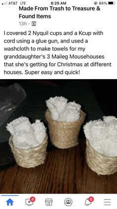 three baskets filled with white rice sitting on top of a wooden table