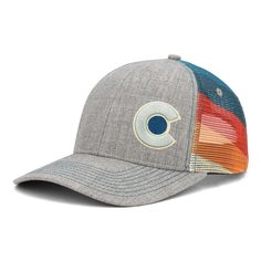 Our Shoreline Trucker Hat is the first in a series we'll be rolling out. This beauty features a heather charcoal front and bill, our special 3D embroidered Colorado flag C, and printed mesh color bands wrapping around the sides of the hat. Adjustable snapback makes this a one size fits all for adults. Surf's up! ------------------------------------------ SHAPE --- MidProfile BRIM --- Precurved CLOSURE --- Snapback BACK --- Mesh Back FIT & SIZE --- One Size Fits Most Adults ---------------------- Colorado Outfits, Upcycled Gifts, Colorado Flag, Palm Tree Pattern, Flat Bill Hats, Beauty Features, Grey Hat, Digital Camo, Dixie Belle Paint