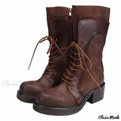 Olivia Mark - Vintage Fire-Burnt Top Grain Leather Martin Boots - Classic Genuine Leather with Thick Sole Rough Heels, Winter Heels, Punk Boots, Womens Riding Boots, Fall Clothes, Martin Boots, Long Boots, Thick Heels, Top Grain Leather