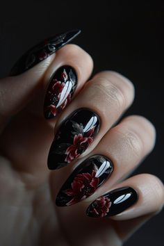 Midnight Elegance: Nail Designs for a Black Dress! #halloween #nails Black Nails With Floral Design, Black Nails Fancy, Gothic Rose Nails, Gothic Bridal Nails, Gothic Floral Nails, Black Floral Nail Designs, Gothic Romance Nails, Floral Black Nails, Black And Floral Nails