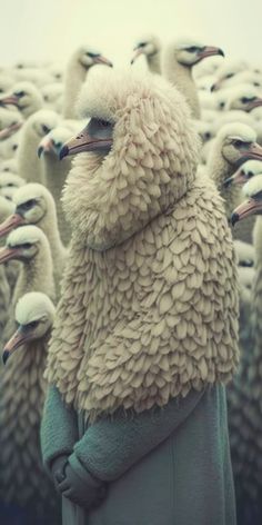 a person standing in front of a flock of birds with their arms around each other