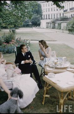 a group of people sitting around a table with food on it in the middle of a park