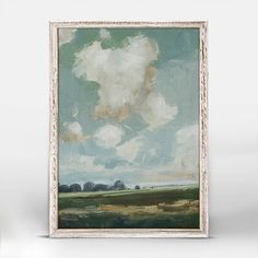 an oil painting of clouds in the sky over a green field with grass and trees