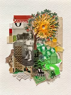 an altered photograph of a tree with many different things on it's side, including paper and other items