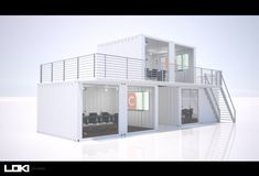 a house made out of shipping containers sitting on top of a white floor