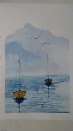 two boats floating in the ocean with birds flying over them and one boat on the water