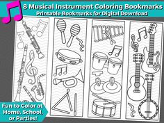 music instruments coloring bookmarks for kids