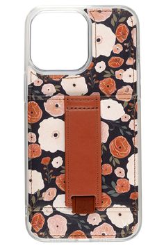 an iphone case with flowers on it and a brown leather clip in the back pocket