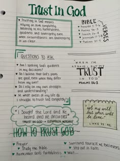 a notebook with some writing on it that says trust in god and the words trust