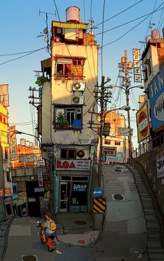 an image of a city street scene with lots of wires above the buildings and people walking on the sidewalk