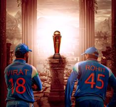 two men in blue uniforms standing next to each other with the words virat on them