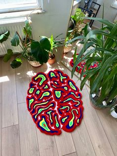 a red and green rug sitting on top of a wooden floor next to potted plants