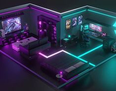 a computer room with neon lights and gaming equipment