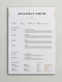 a clean and professional resume template with gold accents on the front, in white paper