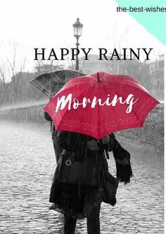 a person walking in the rain with an umbrella that says happy rainy morning on it