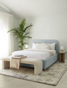 a bedroom with a bed, plant and rug on the floor in front of it