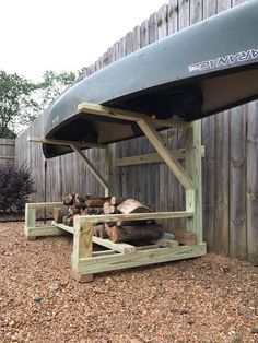 a canoe sitting on top of a pile of wood