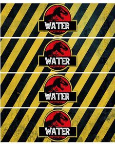 three stickers with the words water, water and dinosaurs in black and yellow stripes