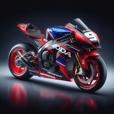 a red, blue and black motorcycle on a dark background