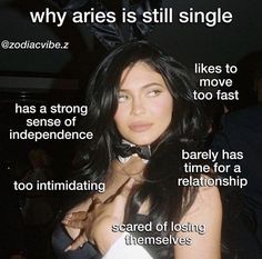 a woman with long black hair wearing a bunny ears headband and text that reads, why ares is still single