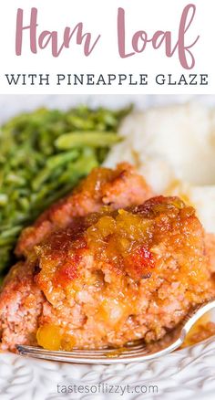 meatloaf with pineapple glaze on a plate with mashed potatoes and asparagus