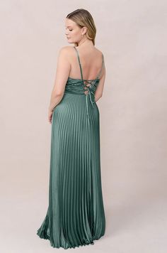 Vivian Satin Pleated Dress V-neck Maxi Dress With Pleated Back For Wedding, Ruched V-neck Fitted Bodice Dress, Formal V-neck Maxi Dress With Ruched Back, V-neck Ruched Maxi Dress For Wedding, Pleated V-neck Dress For Gala, Pleated V-neck Dress With Fitted Bodice, V-neck Maxi Dress With Pleated Back For Gala, Elegant V-neck Dress With Ruched Back, V-neck Maxi Dress With Tie Back And Fitted Bodice