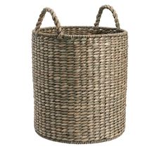 a large woven basket with handles on the top and bottom, is shown in light brown