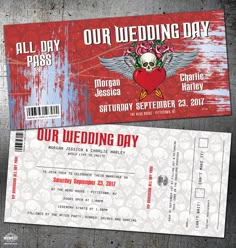 two tickets for a wedding with skulls and roses on them, one has a skull in the middle