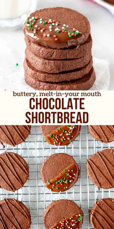 chocolate shortbread cookies with sprinkles on top and the words buttery melt - in - your mouth chocolate shortbread