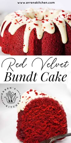 a red velvet bundt cake with white icing